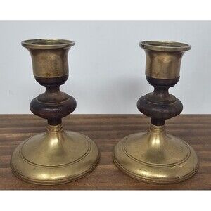 Vintage Pair of MCM Teak Wood & Brass Candle Stick Holders Tapered 3.5"